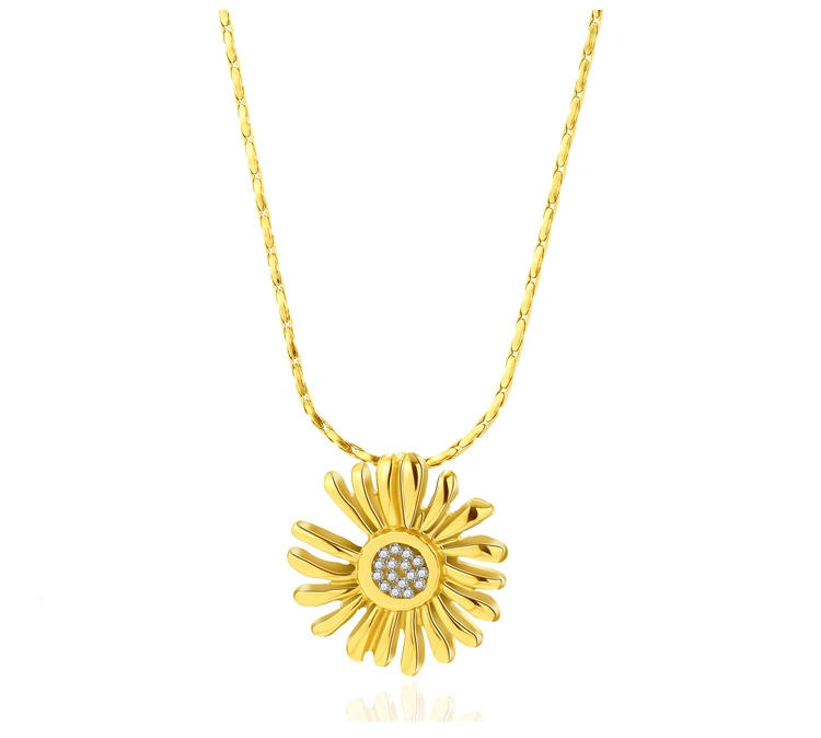 Diamond-Set Small Daisy Pendant Plated 14K Gold European Necklace