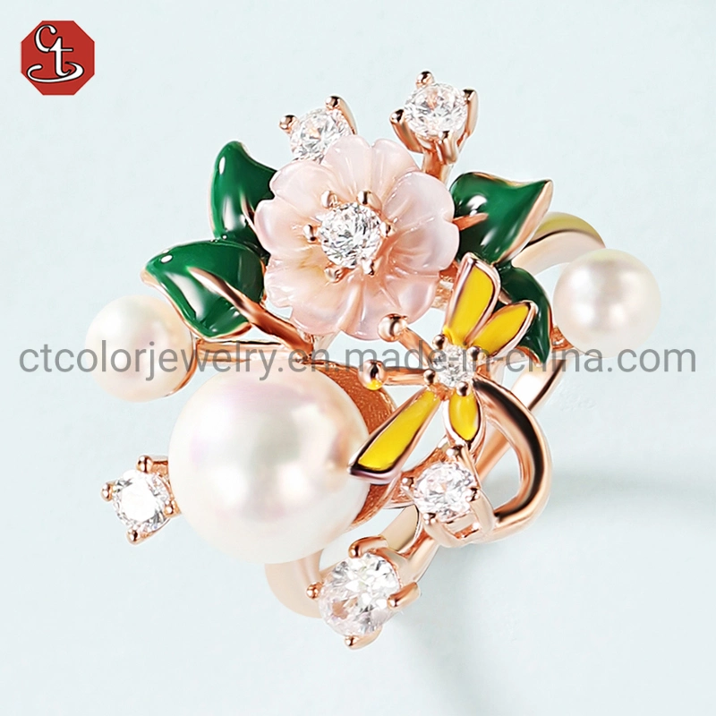 925 Sterling Silver Fine Jewelry Mop Enamel Flower Rings Fashion Jewelry