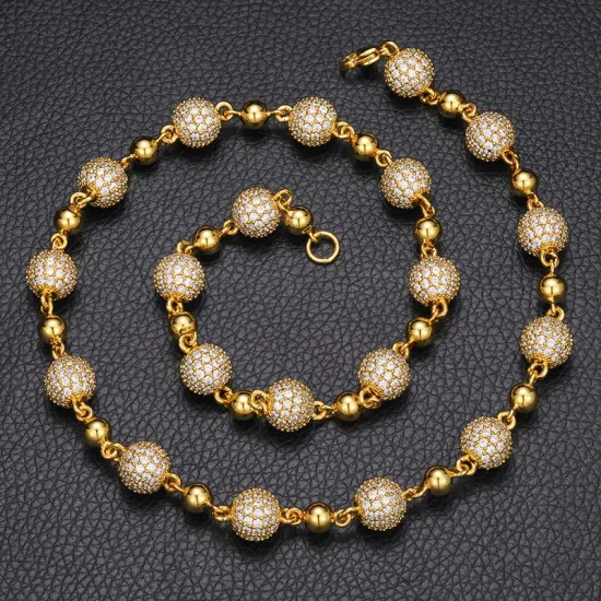 Nuovo design catena 10mm ghiacciato collana a catena con perline ottone placcato oro 18 carati Aaaaa diamante CZ gioielli di moda all'ingrosso